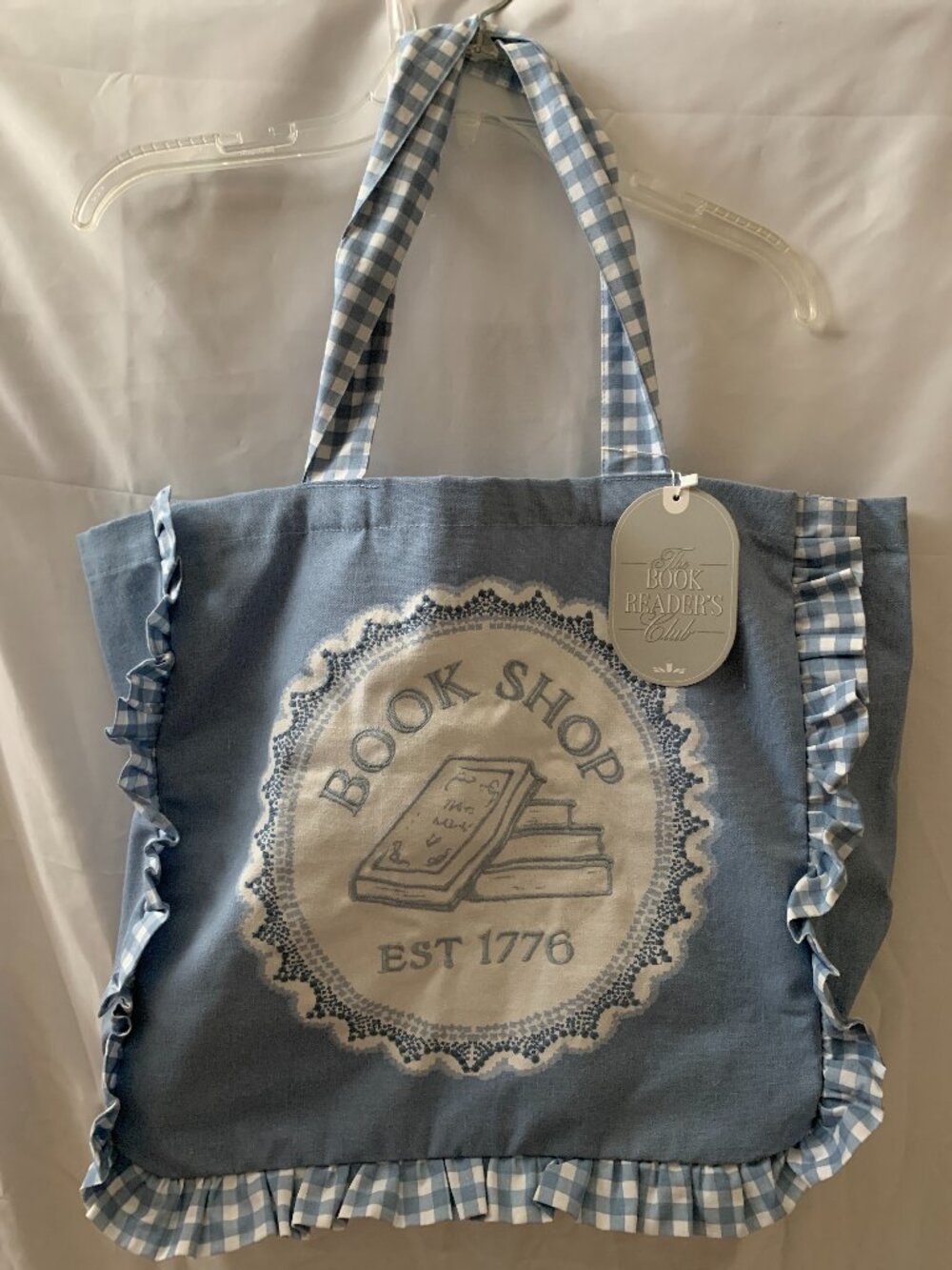 THE BOOK READER'S CLUB Book Shop Gingham Ruffle Book Tote Bag in Blue/White